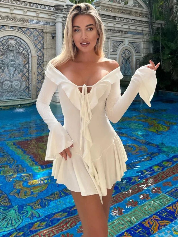 SOERA Iris V-Neck Ruffle Mini Dress - Dress - SOERA-252867-WHI-L-54083 L