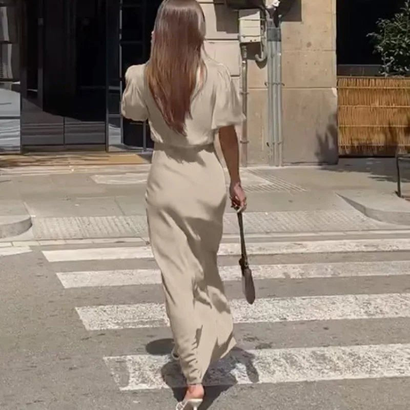 SOERA Micaela Puff Sleeve Lace-Up Maxi Dress - Dress - SOERA-307139-KHA-L-67363 Taupe L