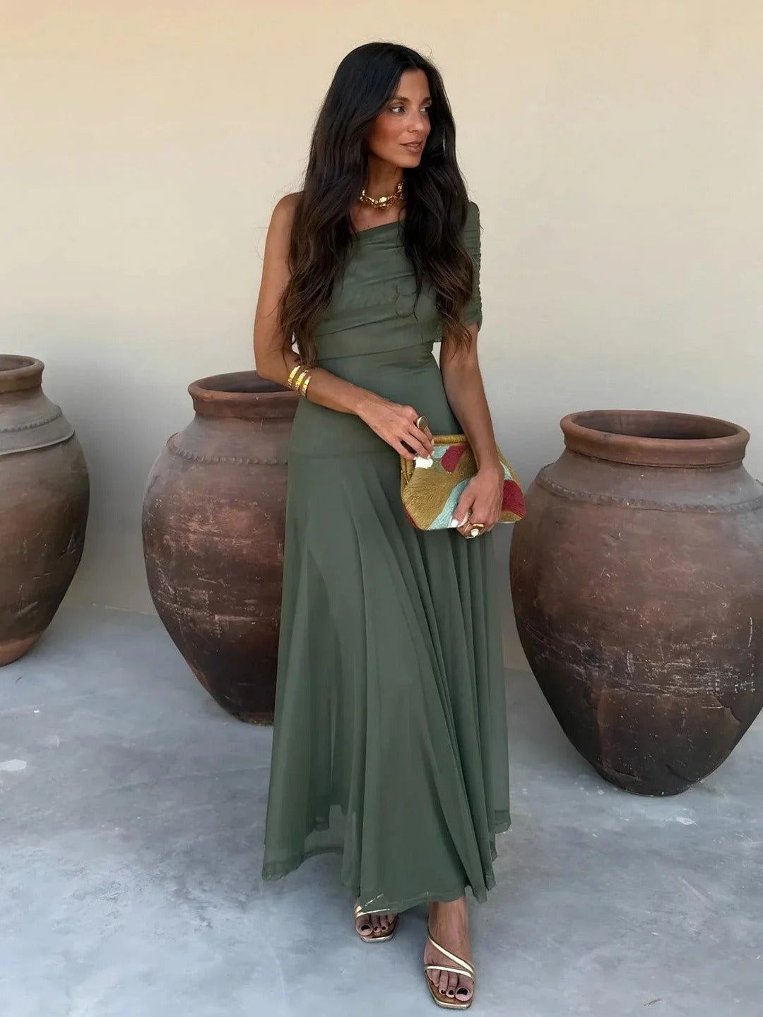 SOERA Sienna Off-Shoulder Ruched Maxi Dress - Dress - SOERA-616515-S-SAGE-04419 Sage S