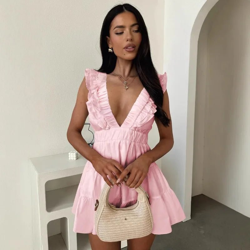 SOERA Zelia V - Neck Ruffle Sleeveless Dress - Dress -  Pink XS