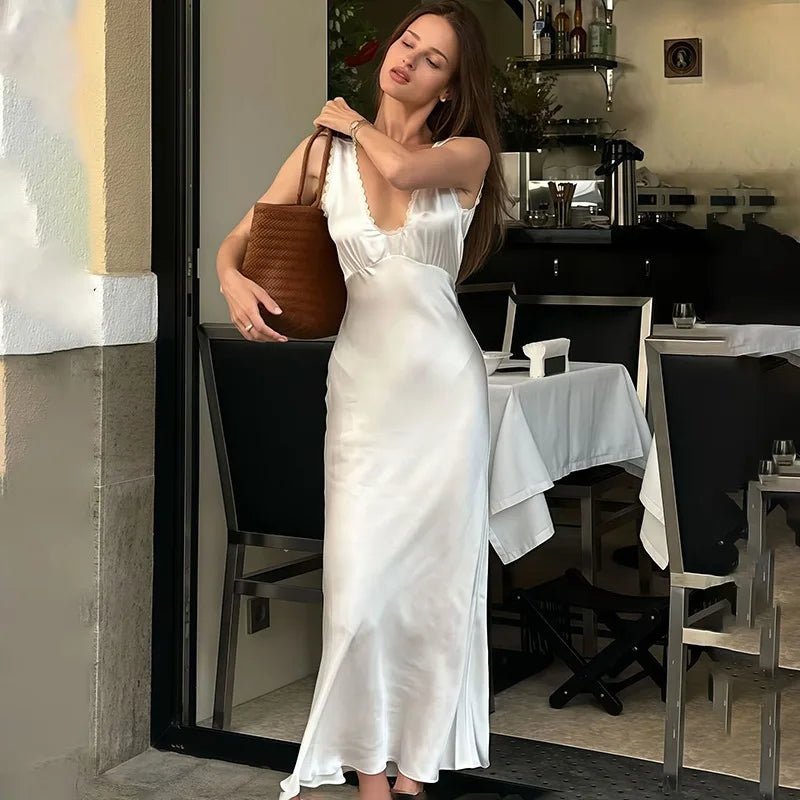 SOERA Bellina Plunged Neck Satin Midi Dress - Dresses - 1005009676445513-;Md1775377923652422896 S