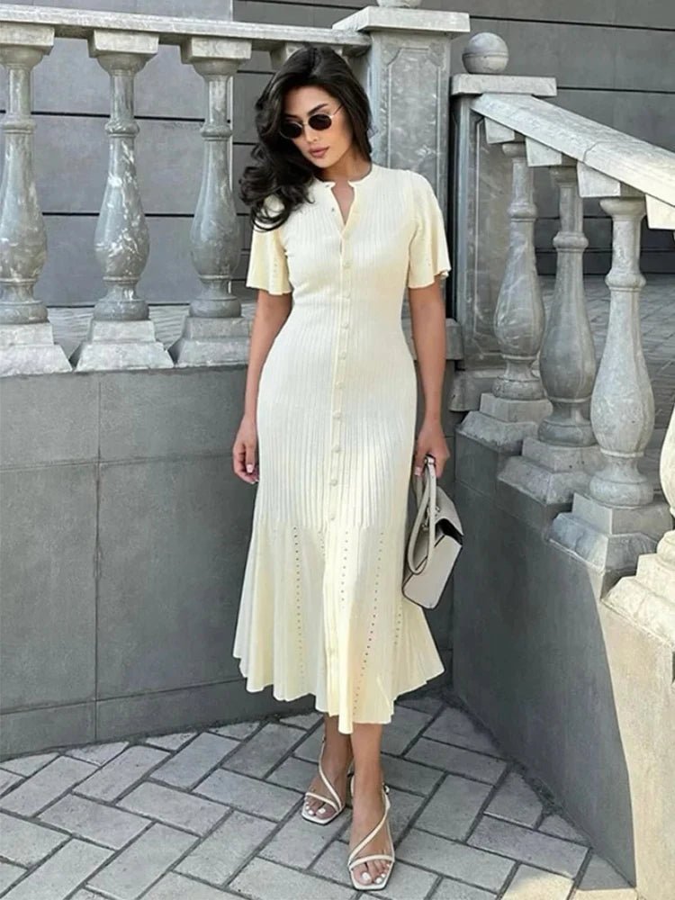 SOERA Bianca Bell Sleeve Pleated Knit Midi Dress - Dresses -  Beige S