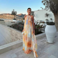 Abito lungo Sophia con scollo all’americana e allacciatura