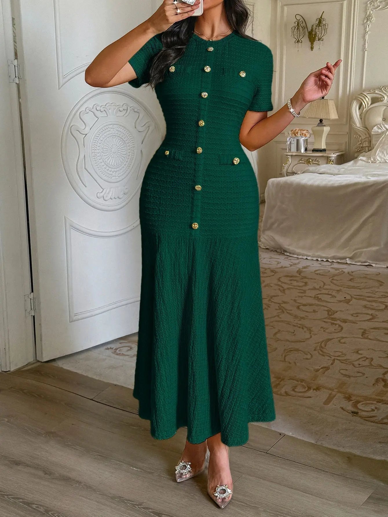 SOERA Clara Gold Button Retro Flared Midi Dress - Dresses - SOERA-672579-DAR-S-87459 Dark Green S