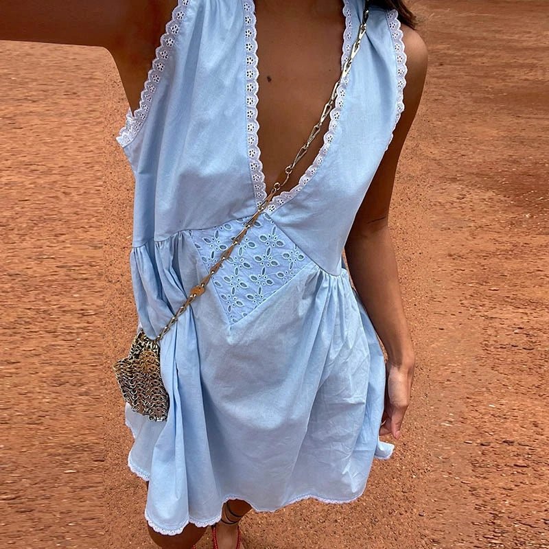 SOERA Olivia Lace Trim Boho Mini Dress - Dresses - 1005008775199230-;Rg1775118414289482223 Blue M