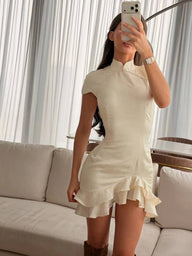 Abito Celeste in raso patchwork con colletto in pizzo