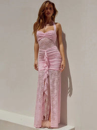 Abito maxi con drappeggio in pizzo Selene, collo all’americana