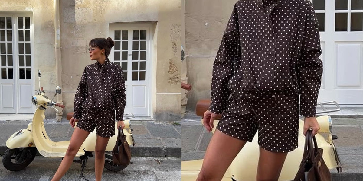 SOERA polka-dot matching outfit beside a cream scooter