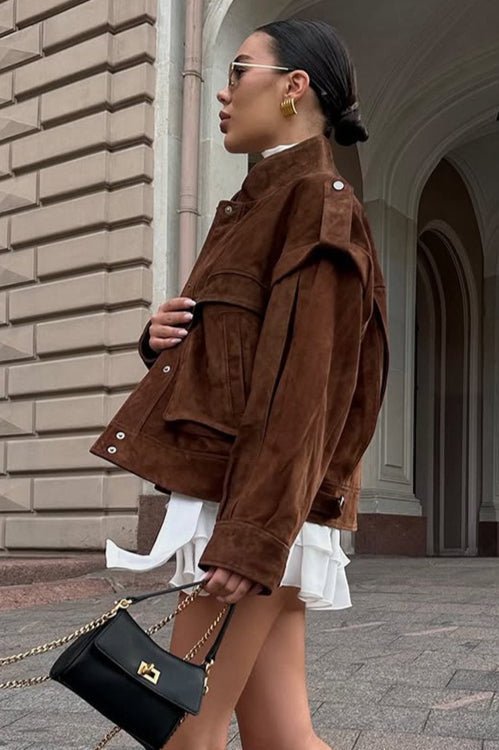 SOERA Mila Wide Shoulder Suede Jacket - Jacket - SOERA-278211-M-BROWN-04515 Brown M