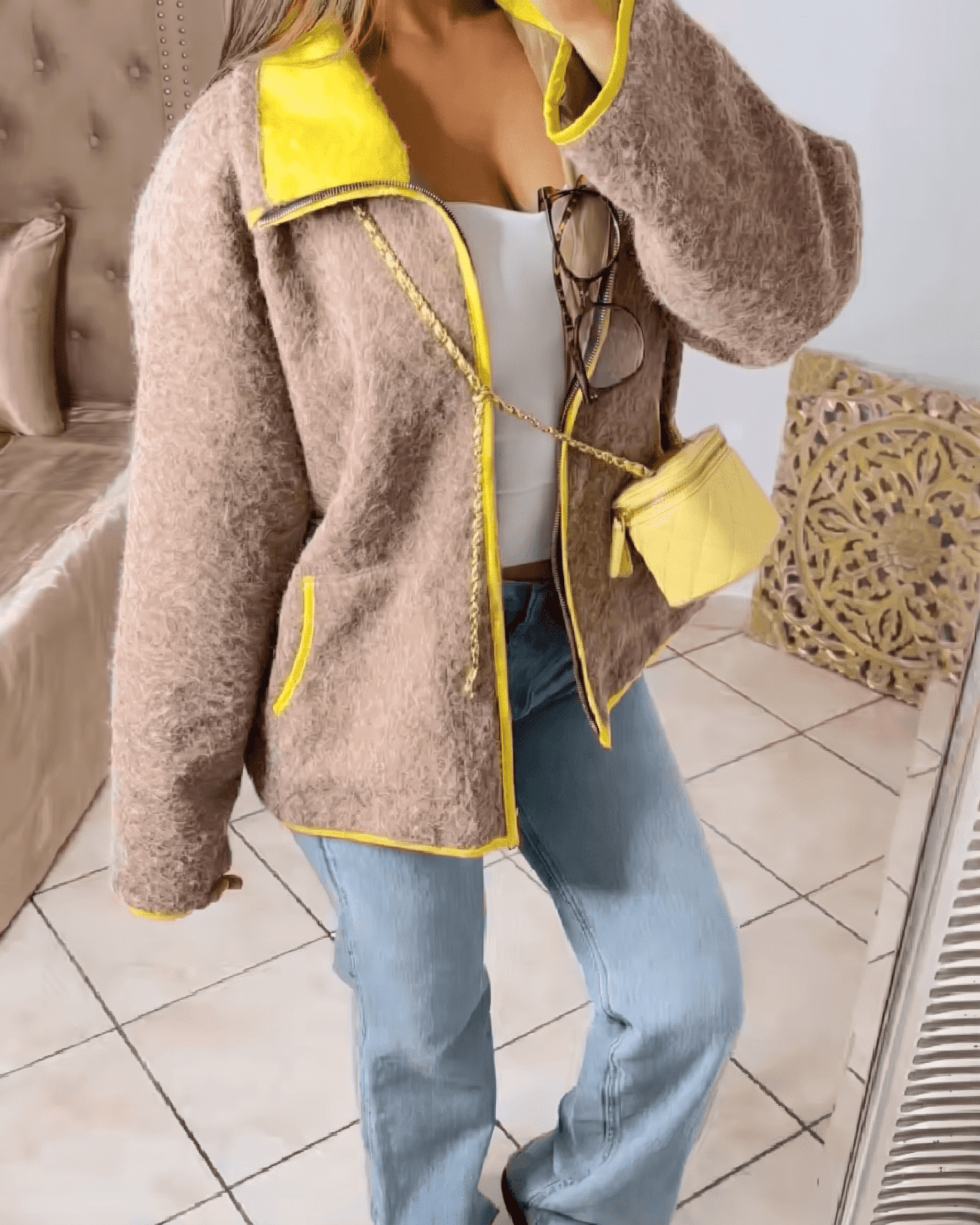 SOERA Miriam Stand Collar Contrast Knit Pilot Jacket - Jacket - SOERA-197059-KHA-S-78499 Beige S