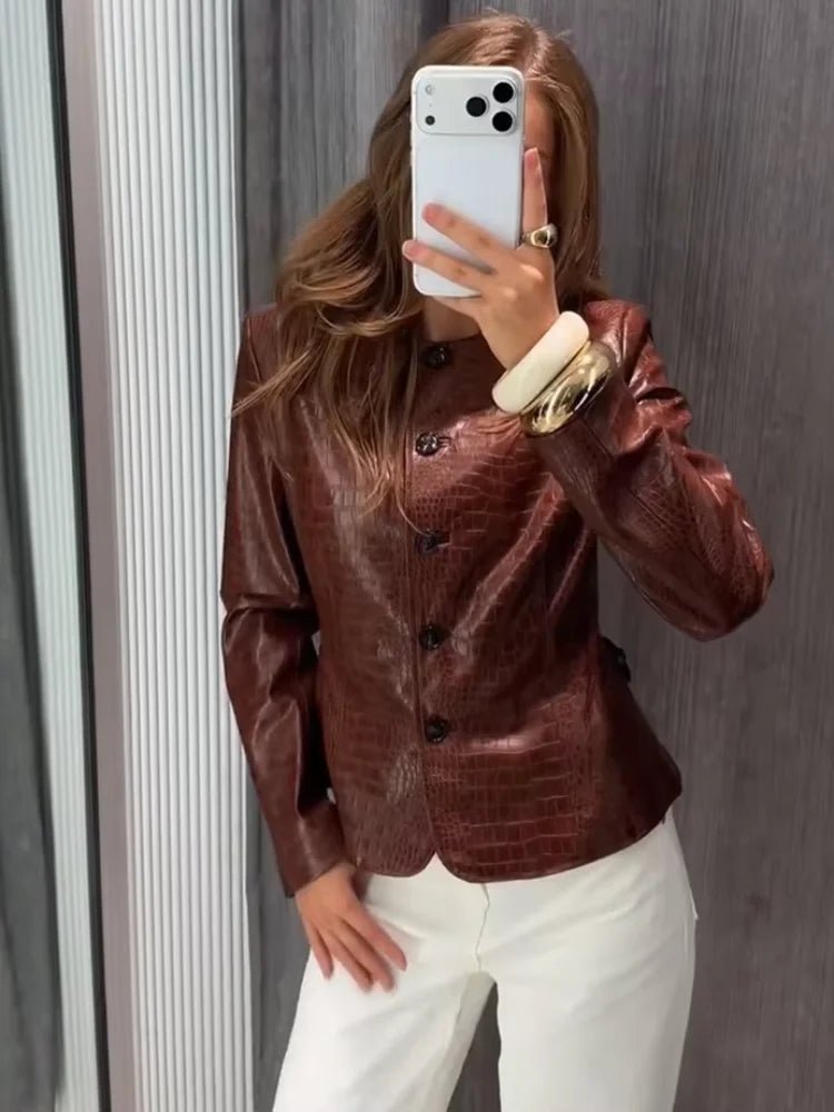 SOERA Sandra Croc Embossed Faux Leather Jacket - Jacket - SOERA-971523-BRO-L-23907 Brown L