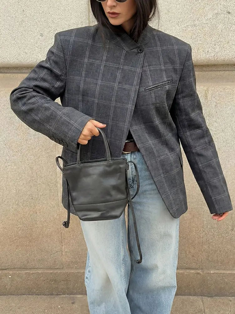 SOERA Aurelia Stand Collar Plaid Blazer - Jackets - 1005011574941904-;av1775244633615374643 Gray M