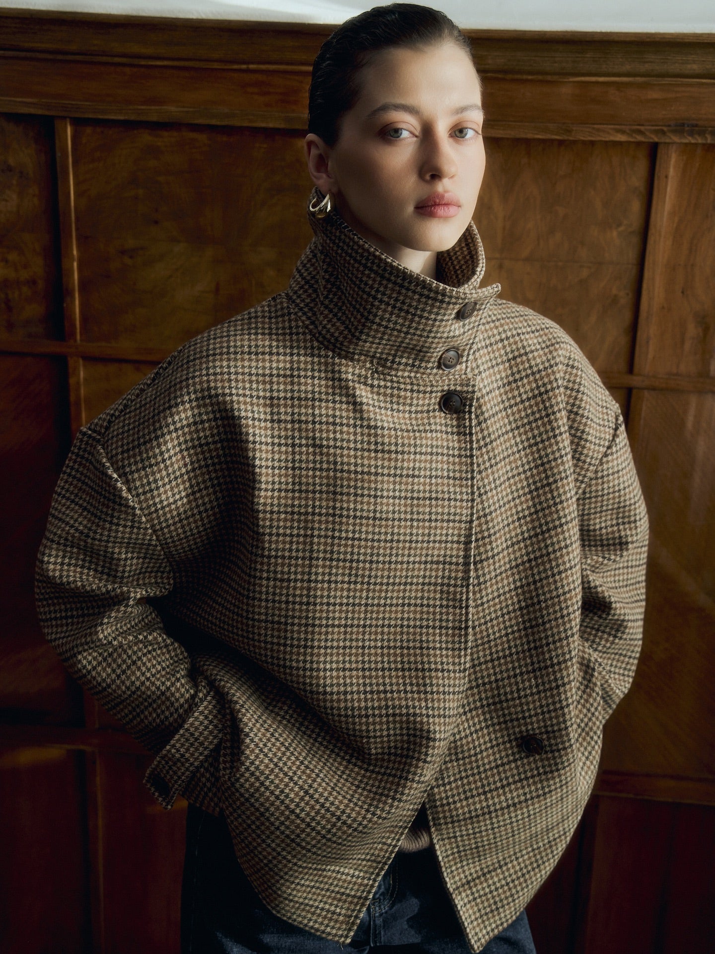 SOERA Ava Funnel Neck Houndstooth Short Jacket - Jackets - SOERA-100995-KHA-S-49347 S