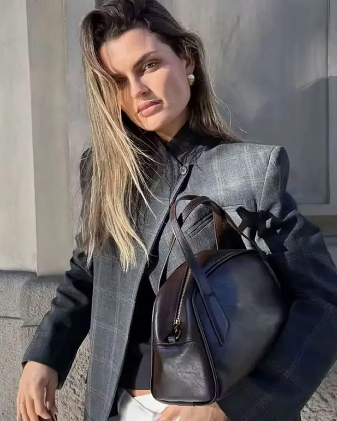 SOERA Sofia Plaid Stand Collar Blazer - Jackets -  Grey L