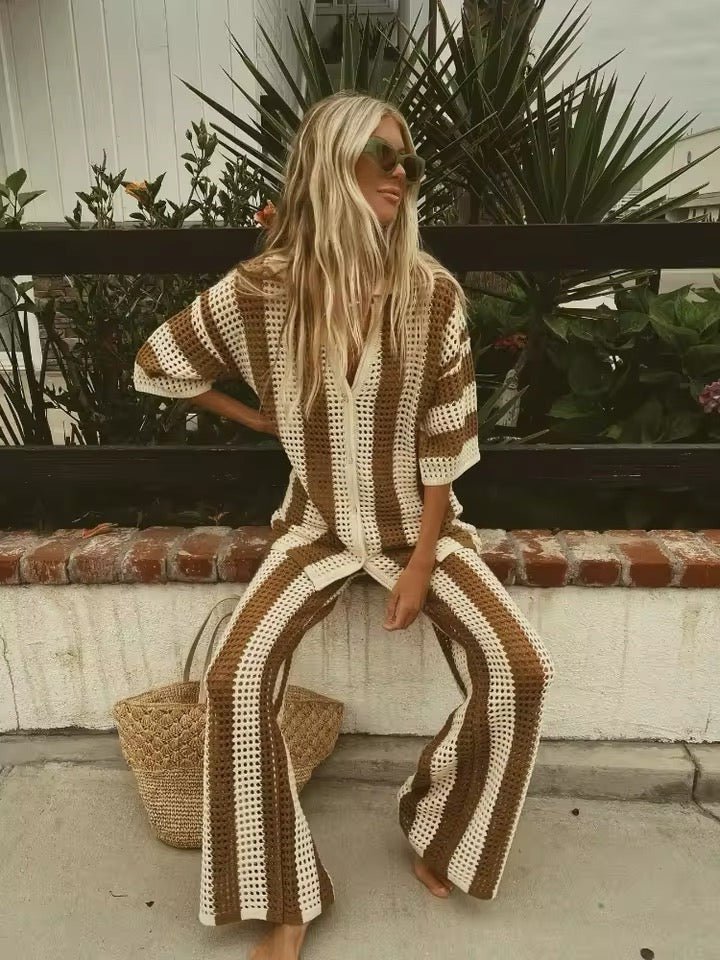 SOERA Carmen Striped Crochet Co-Ord Set - Matching Sets - SOERA-750403-L-KHAKI-45699 Brown L