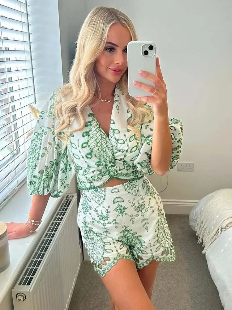 SOERA Beatrice Needlework Shorts Set - Matching Sets - SOERA-420611-GRE-XS-24643 XS
