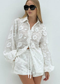 Lily Sheer Embroidered Shirt & High-Waist Shorts Set