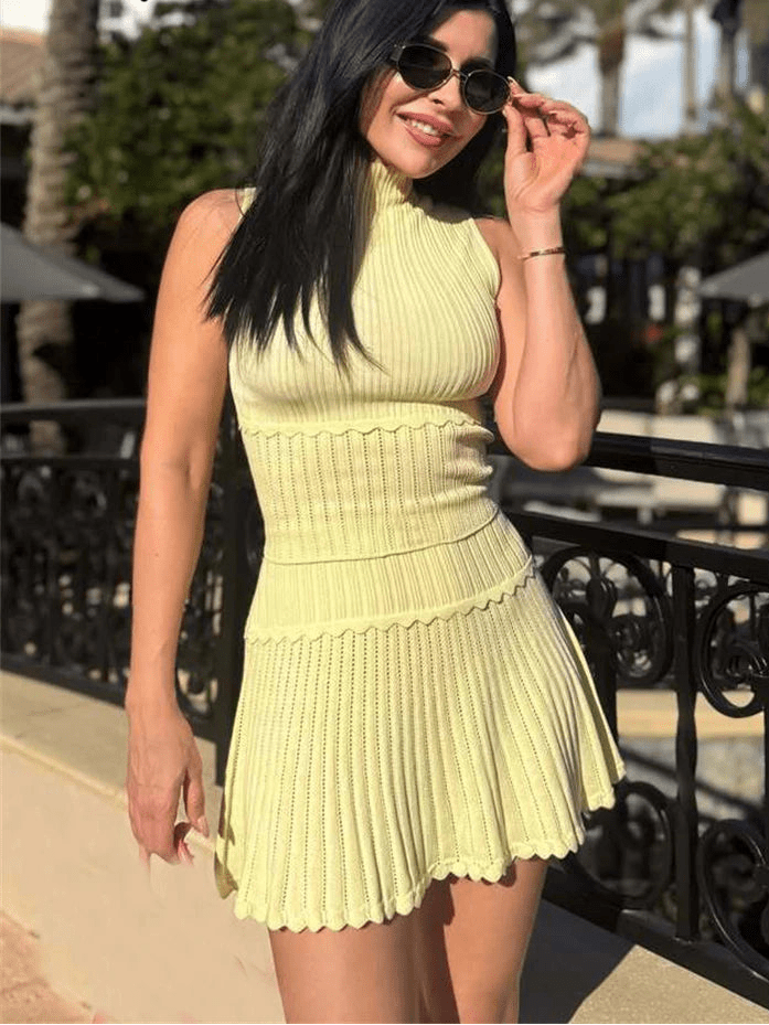 SOERA Bianca Two - Piece Knitted Crop Top & Pleated Mini Skirt Set - Matching Sets -  Yellow XS