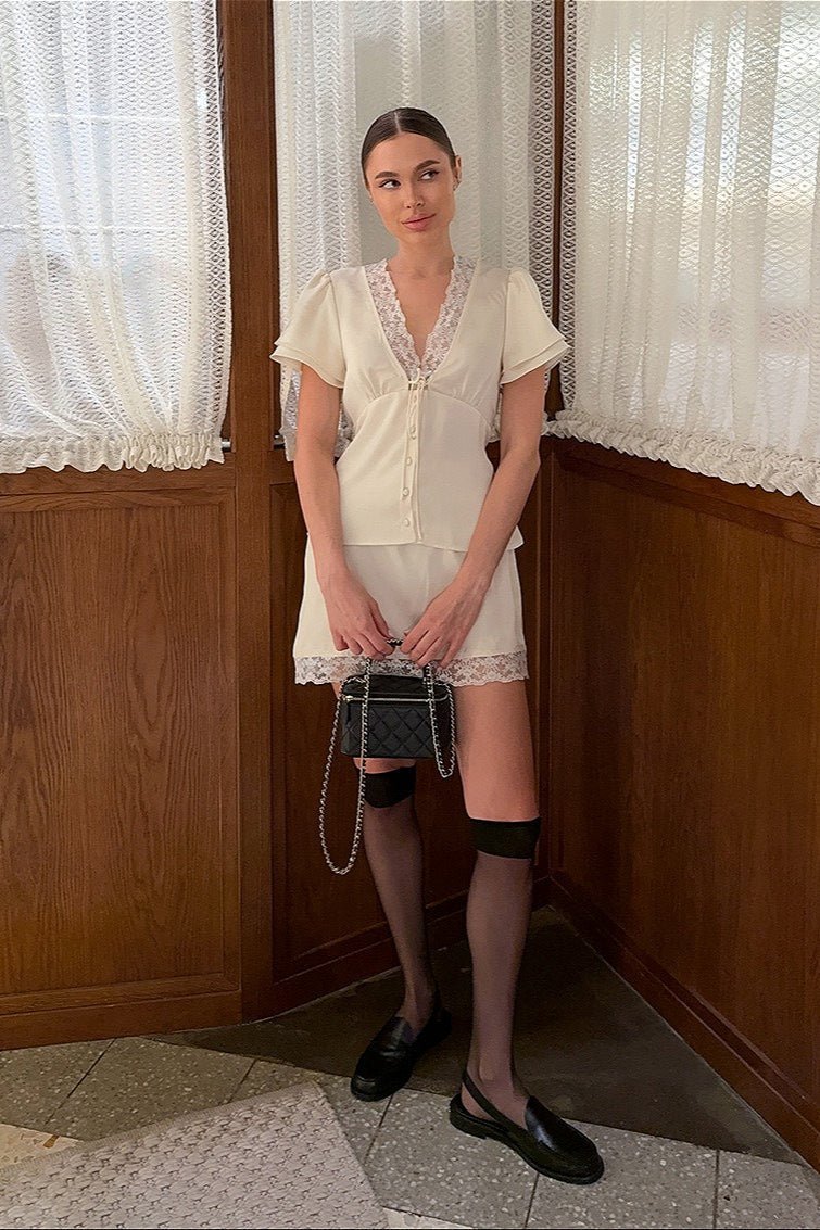 SOERA Celeste Satin Lace V - Neck Tie - Waist Skirt Set - Matching Sets -  Beige S