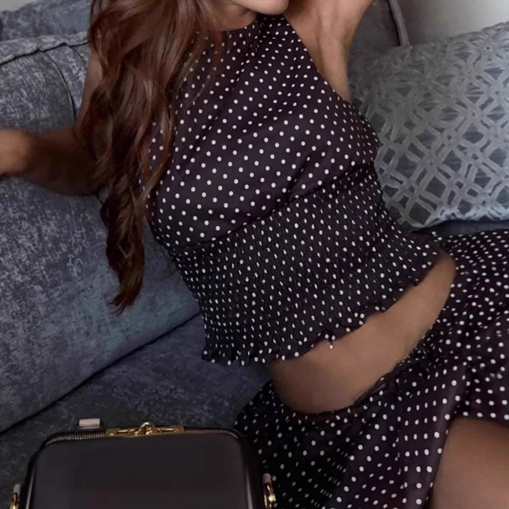 SOERA Enora Polka Dot Backless Top Lantern Skirt Set - Matching Sets -  Brown L