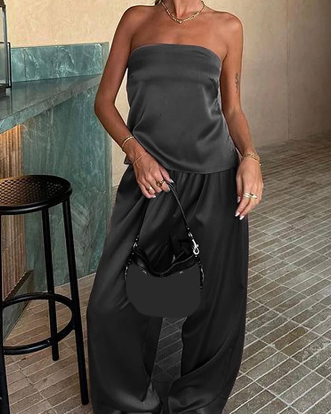 SOERA Felicity Bandeau Pants Satin Suit - Matching Sets - 1005008922806118-;eY1774012026431115873 Black S