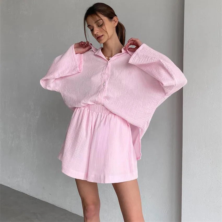 SOERA Jenna Loose Long Sleeve & Shorts Set - Matching Sets - 1005005373930355-;tr1776125344192400493 Pink S