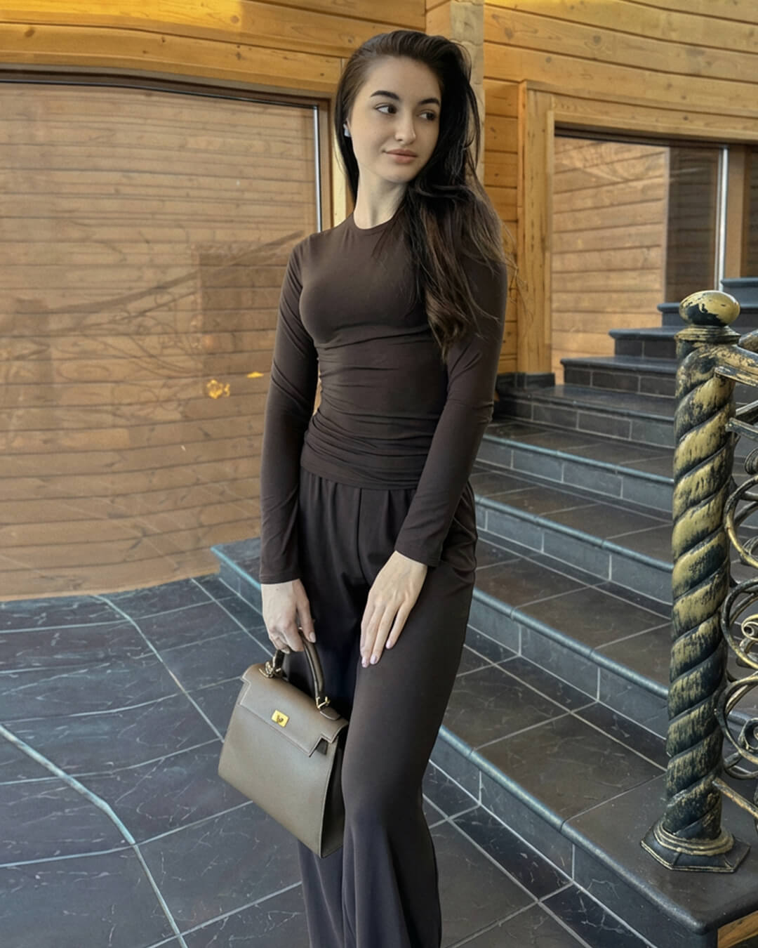 SOERA Meryll Long Sleeve Top and Wide Leg Trousers Set - Matching Sets - 1005007968374050-;dr1769414229220199555 Brown S