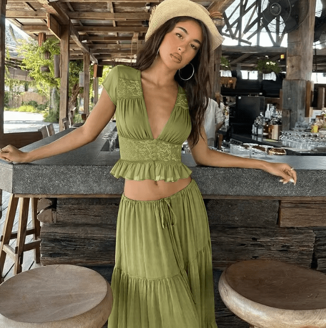 SOERA Morrigan Lace Chiffon Top & Skirt Set - Matching Sets - SOERA-007363-GRE-XS-33283 Green XS