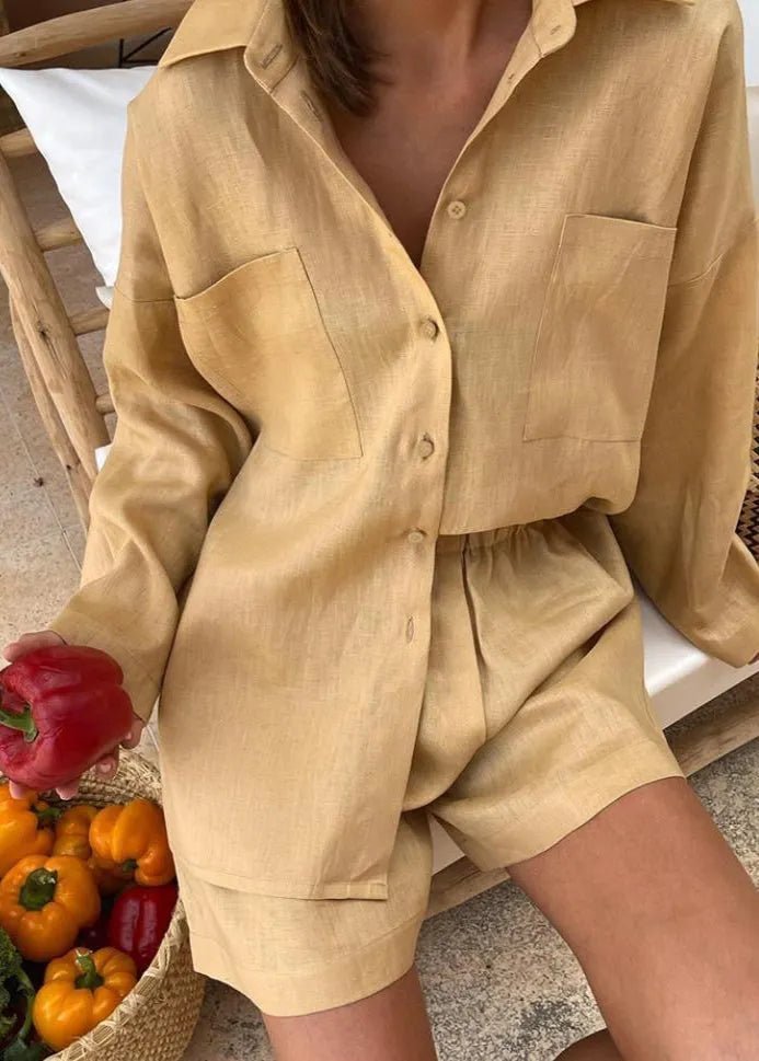 SOERA Sophia Linen Button-Down Shirt & High-Waist Shorts Set - Matching Sets -  Brown M