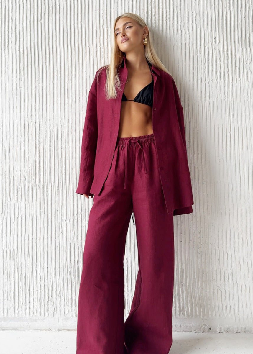 SOERA Bianca Relaxed Cotton Shirt & Wide - Leg Pants Set - Pants -  Burgundy L