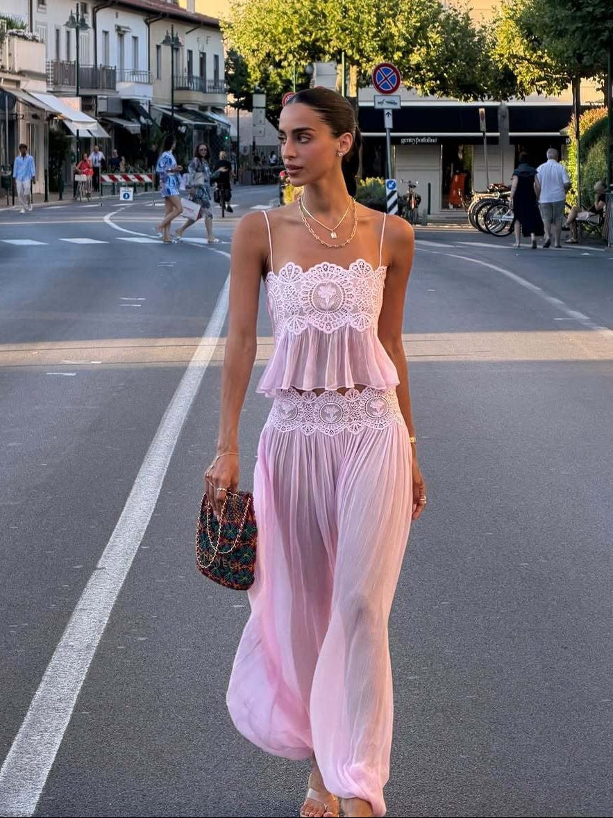 Completo pantalone Aiselma in pizzo e chiffon