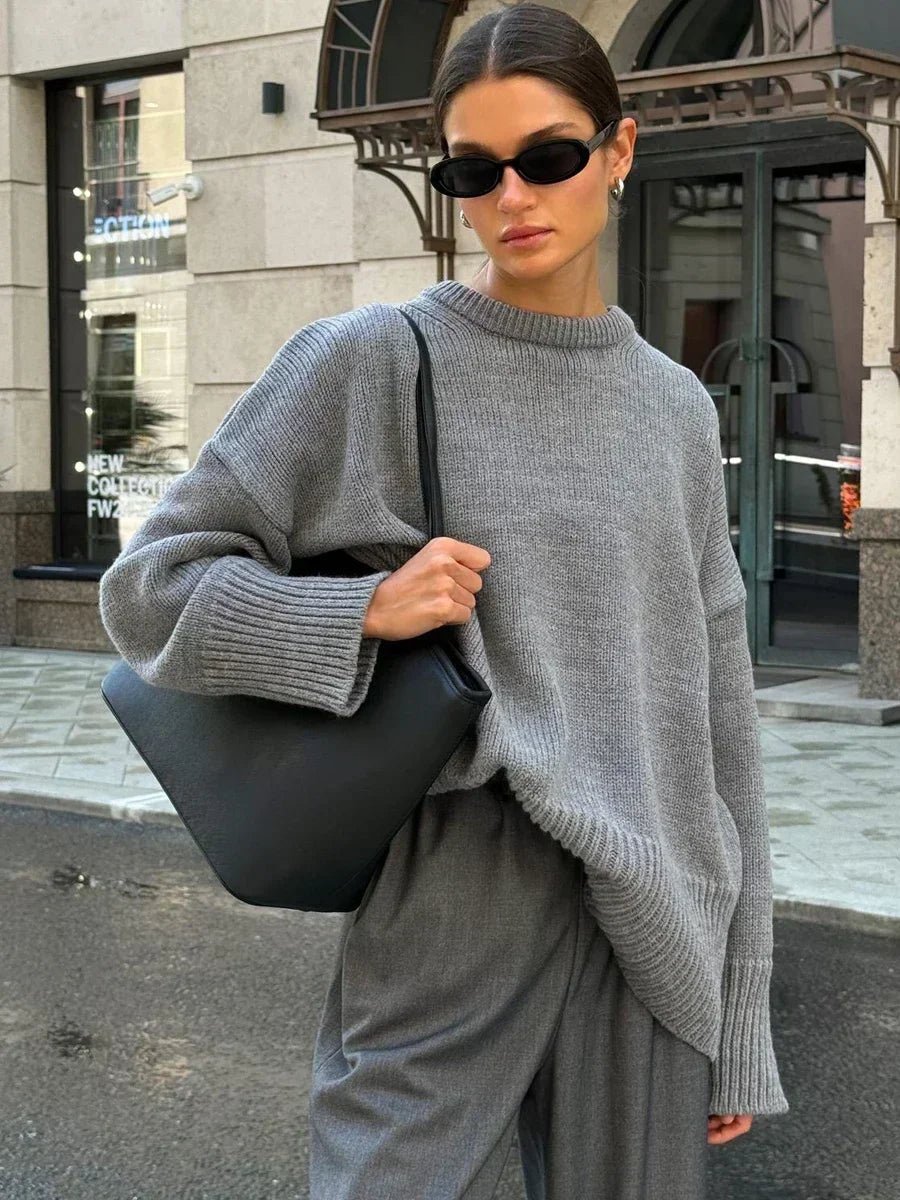 SOERA knitwear styled with grey trousers and a dark bag