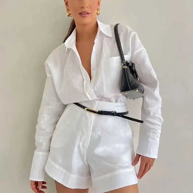 SOERA Solenn Long Sleeve High Waist Shorts Set - Set - 1005006975478785-;xs1776063209452291554 White M