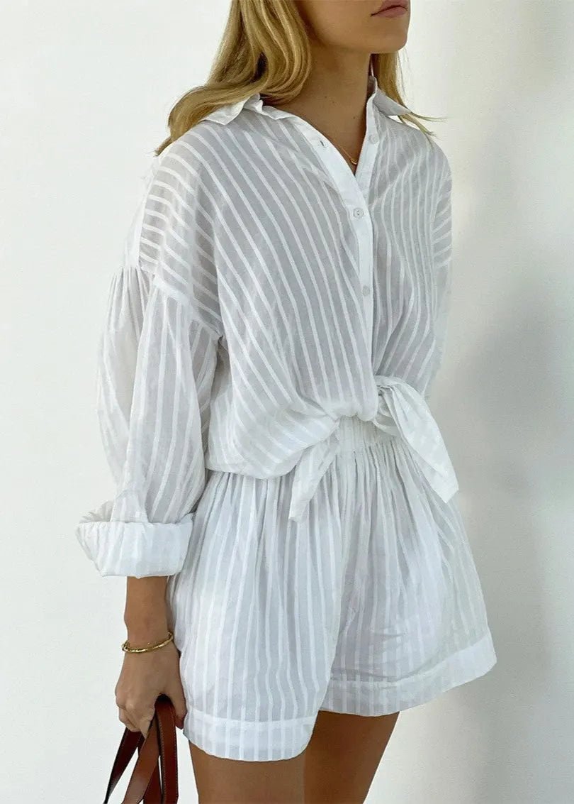 SOERA Bridget Striped Cotton Shirt and Shorts Set - Shorts -  S