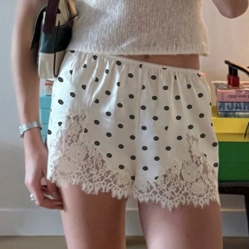 SOERA Margot Lace Trim Polka Dot Satin Shorts - Shorts - 1005010043707999-;jA1773374042540099368 White Black S