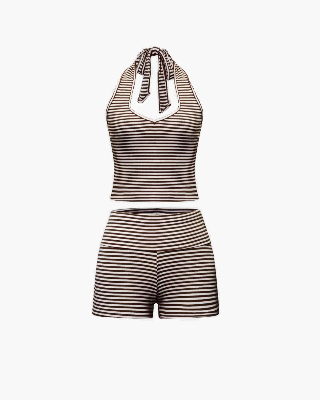 SOERA Sienna Striped Halter Tank and Shorts Set - Shorts Set - SOERA-202691-BRO-S-26723 Brown S