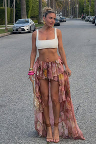 Bianca Gonna Asimmetrica Floreale con Volant