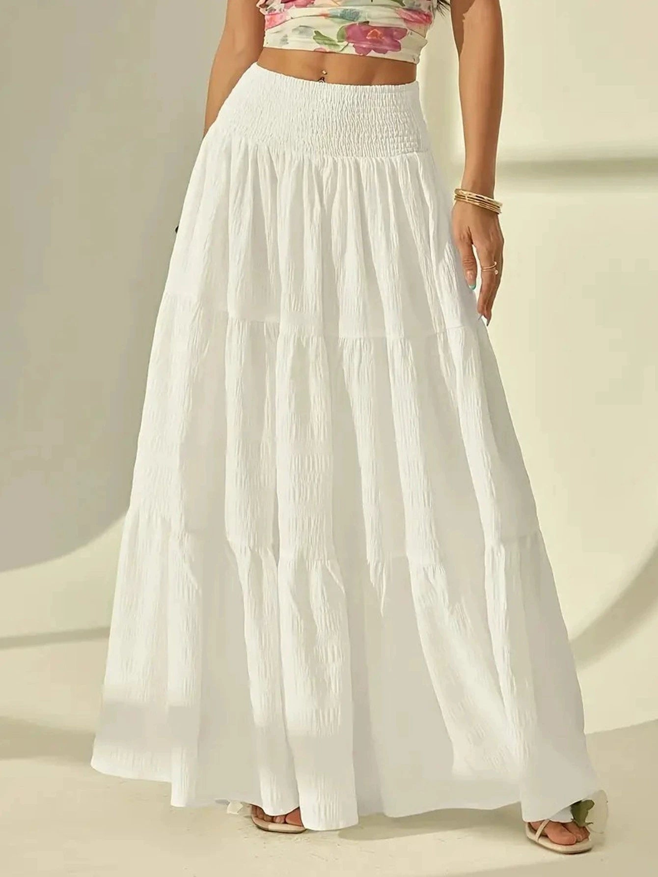 SOERA Calla Tiered Maxi Skirt Elastic Waist - Skirt -  White M