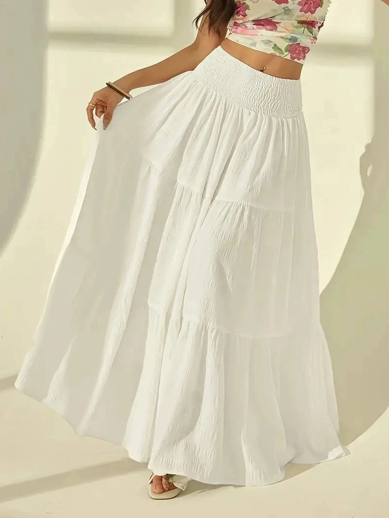 SOERA Calla Tiered Maxi Skirt Elastic Waist - Skirt -  White XL