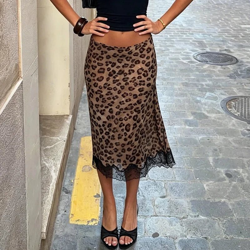 Gonna midi Vera in pizzo con stampa leopardata