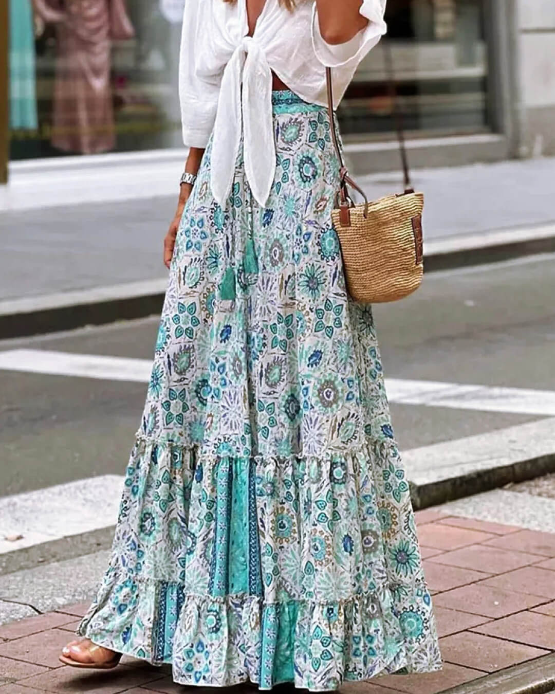 SOERA Celeste Flowy Boho Print Ruffled Hem Skirt - Skirts - SOERA-938371-SKY-S-51683 Sky Blue S