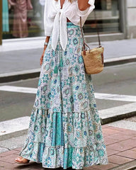 Gonna Celeste Flowy stampa boho con orlo arricciato