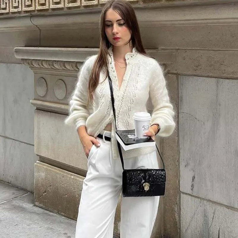 SOERA Lia White Lace Knit Cardigan - Sweaters & Cardigans - 1005010096718429-;Tp1769414229120745521 White XL