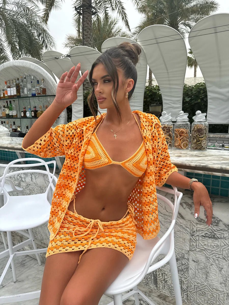 SOERA Bree Color-Block Knit Bikini Set with Coat - Swimwear -  Orange S