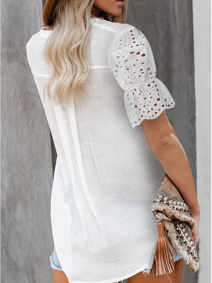 SOERA Beatrice V - Neck Lace Sleeve Top - Top -  White M