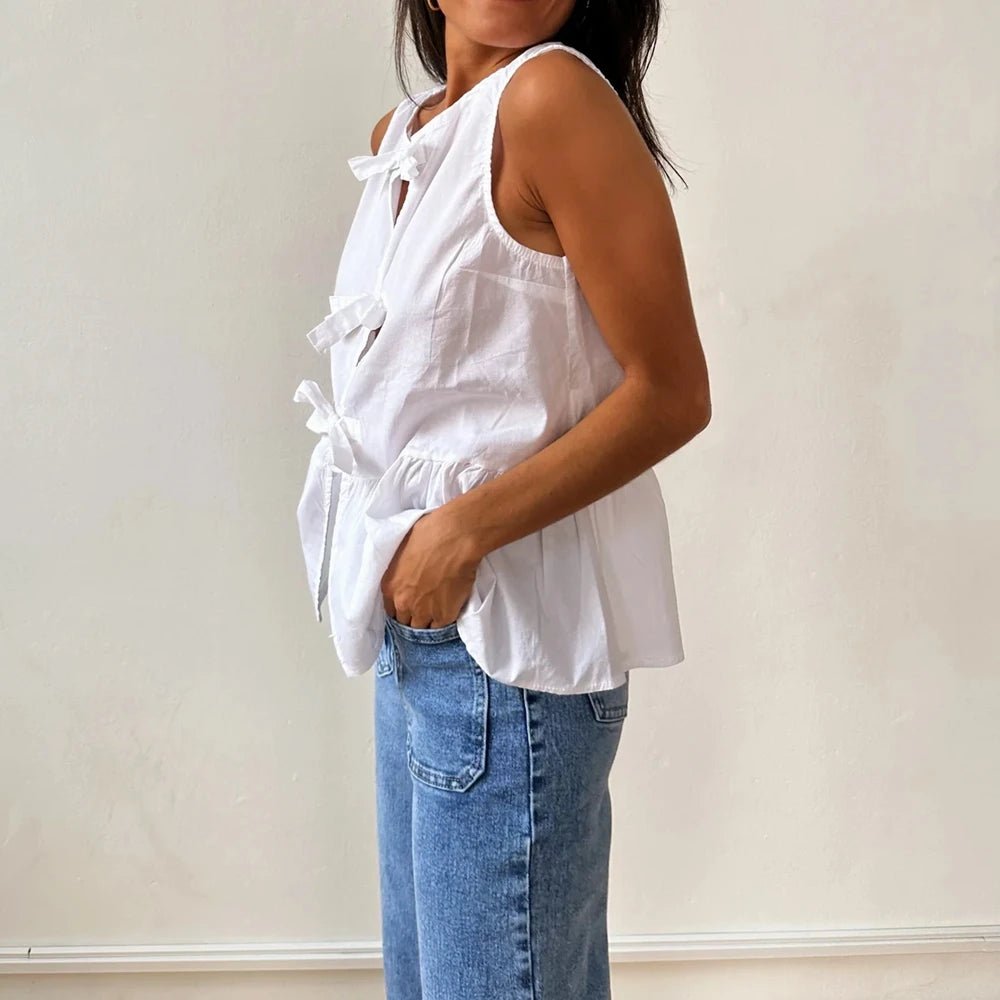 SOERA Bianca Bow - Tie Peplum Tank Top - Top -  White L