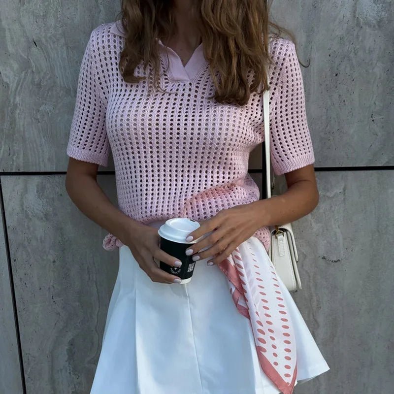 SOERA Andrea Hollow Out Knit Polo Blouse - Tops - ev1774532669748739276 Pink M