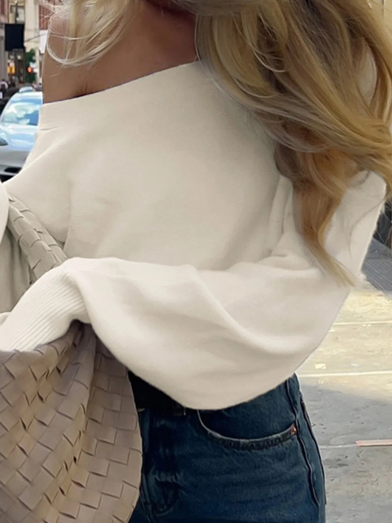 SOERA Aubrey Waisted Off - Shoulder Knit Sweater - Tops - 3256808012686833-;jU1763882016427529399 White S