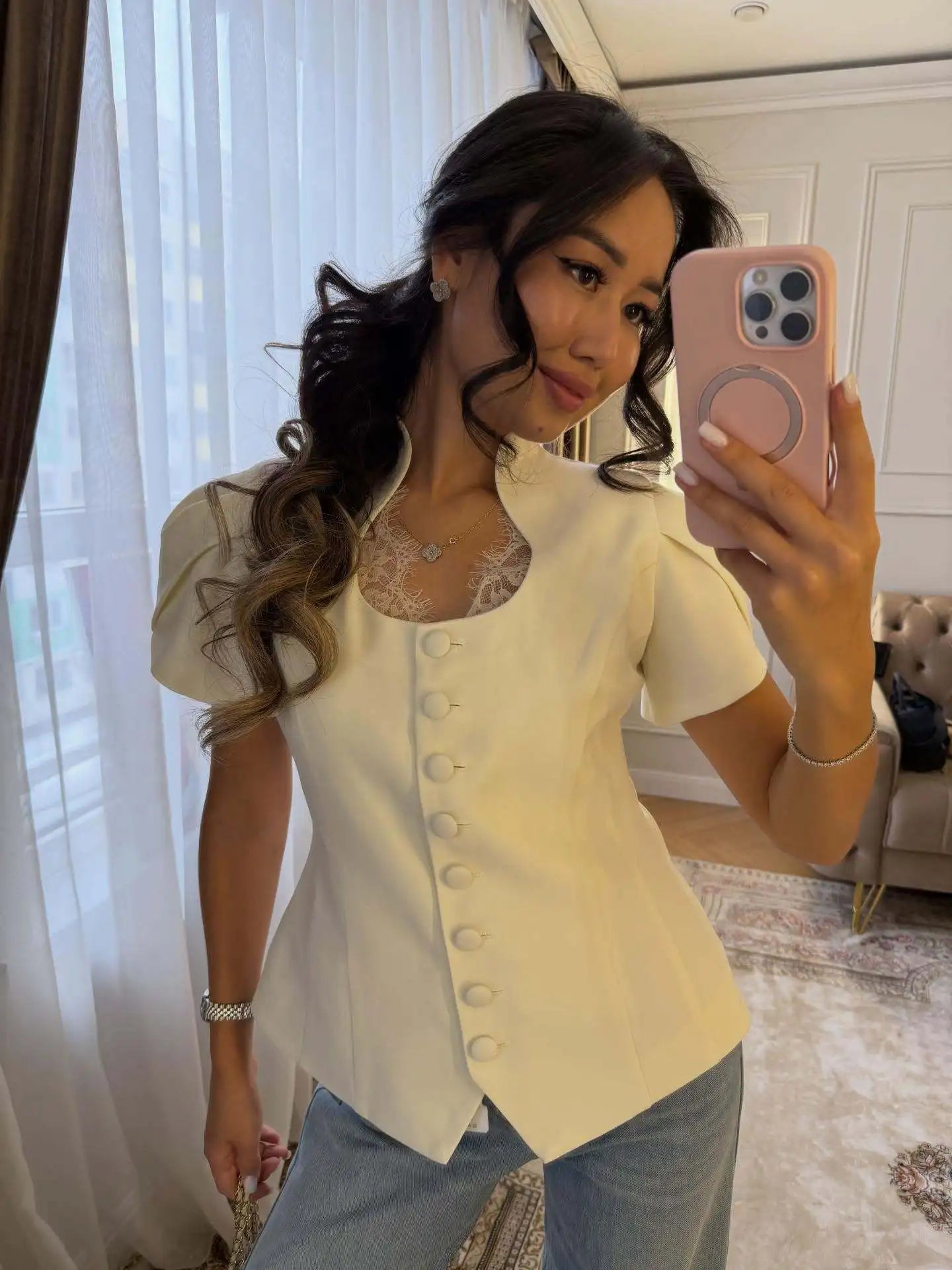 SOERA Bianca Button Front Stand Collar Top - Tops -  White XS