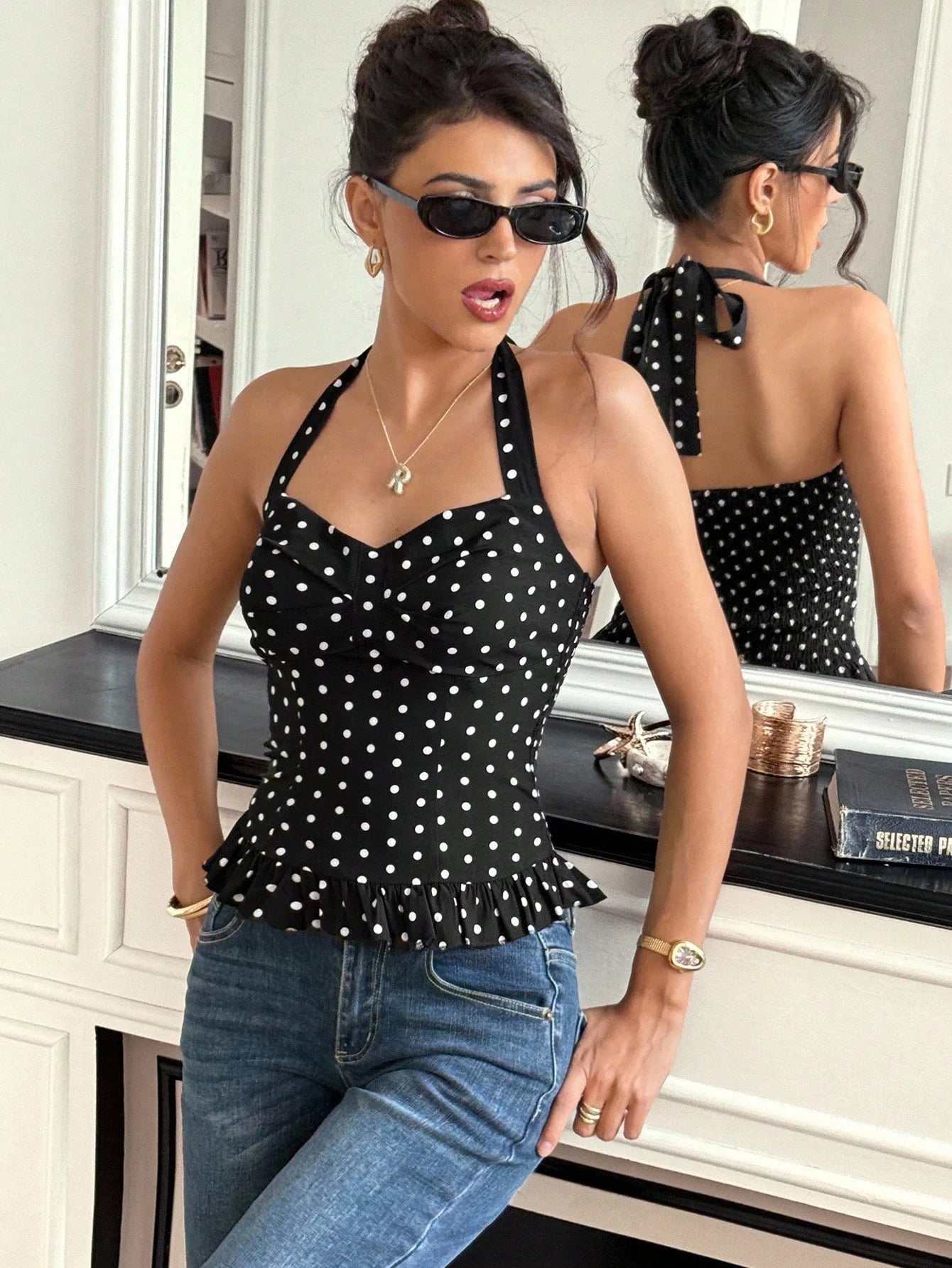 SOERA Caryl Polka Dot Halter Crop Top - Tops - wR1774532669749484307 M